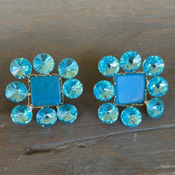 Anthropologie Floral Tapestry Blue Rhinestone Post Earrings NWT - Picture 3 of 8
